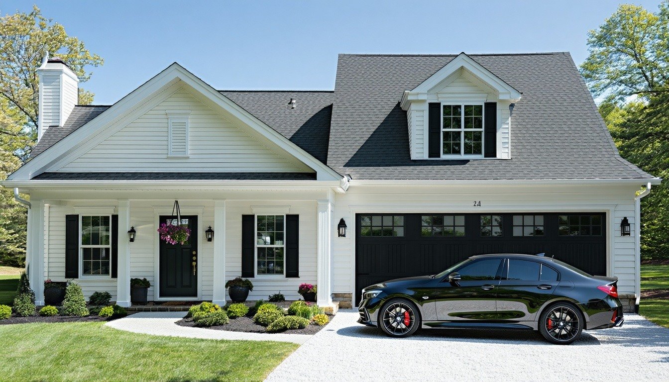 A serene suburban scene featuring a modern home with a car parked in the driveway, symbolizing the protection offered by Stuckey & Company’s personal lines coverage for homeowners and auto insurance.