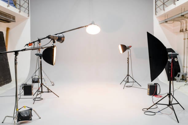 photography studio space, with lighting and a white backdrop